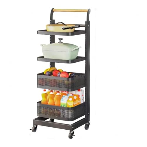 Küchenwagen, stapelbarer Gemüsewagen mit Rädern, faltbar, für Töpfe und Pfannen, Schwarz – 4 Bretter und 2 Körbe, platzsparendes Design von Generic