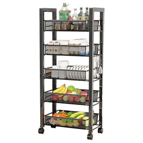 Küchenwagen mit Rollen Schwarz Schmal Badezimmerregal Aus Metall mit Abnehmbarem Ablaufkorb Nischenwagen Tragfähigkeit 75 Kg for Bathroom, Kitchen, Bedroom(54x23x99cm) von Generic