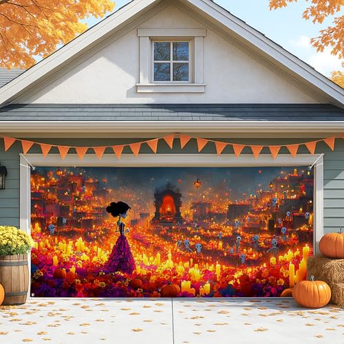 Künstlerische Halloween-Garagentor-Abdeckung, bunter Totenkopf und Kerze, große Garagentor-Dekorationen, Herbst-Innen- und Außenbereich, Party-Hintergrunddekoration, 390 x 180 cm von Generic