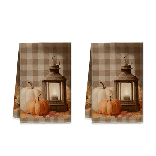 Kürbis-Küchentücher, rustikale Laterne, Herbstblätter, braune Mikrofaser, für den täglichen Gebrauch, 40,6 x 61 cm, 2 Stück von Generic