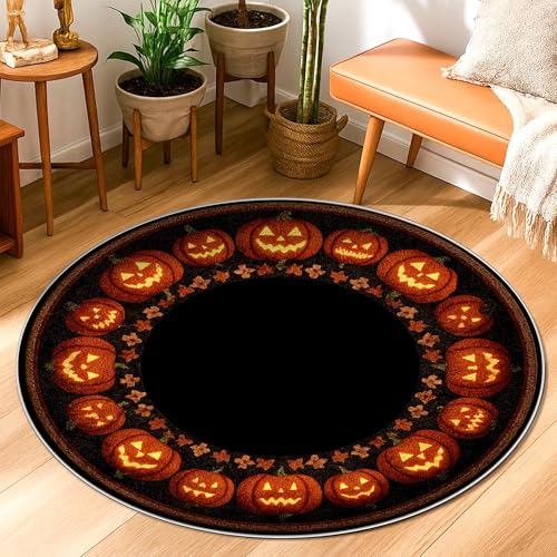 Kürbis-Teppich, Halloween, festliches Blattgesicht, Halloween, Orange, niedriger Flor, Randeinfassung, Überwurf, Teppich, Kreis, Badezimmer, Eingangsbereich, Nachttisch, Waschküche, Dekoration, 91 x Kürbis-Teppich, Halloween, festliches Blattgesicht, Halloween, Orange, niedriger Flor, Randeinfassung, Überwurf, Teppich, Kreis, Badezimmer, Eingangsbereich, Nachttisch, Waschküche, Dekoration, 91 x von Generic