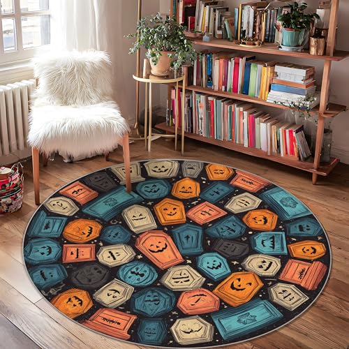 Kürbis-Teppich, Halloween, gruseliger Sarg, Geist, Halloween, Orange, niedriger Flor, Fußmatte, Kreisdruck, Akzente, Teppich, Badezimmer, Eingangsbereich, Küche, Nachttisch, Dekoration, 122 x 122 cm Kürbis-Teppich, Halloween, gruseliger Sarg, Geist, Halloween, Orange, niedriger Flor, Fußmatte, Kreisdruck, Akzente, Teppich, Badezimmer, Eingangsbereich, Küche, Nachttisch, Dekoration, 122 x 122 cm von Generic