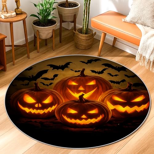 Kürbis-Teppich, Halloween-Gruseliger Fledermaus-Mond-Teppich, Halloween, Orange, rutschfeste Unterseite, für den Innenbereich, runder Überwurf, kein Ausfallen, Badezimmer, Nachttisch, Eingangstür Kürbis-Teppich, Halloween-Gruseliger Fledermaus-Mond-Teppich, Halloween, Orange, rutschfeste Unterseite, für den Innenbereich, runder Überwurf, kein Ausfallen, Badezimmer, Nachttisch, Eingangstür von Generic