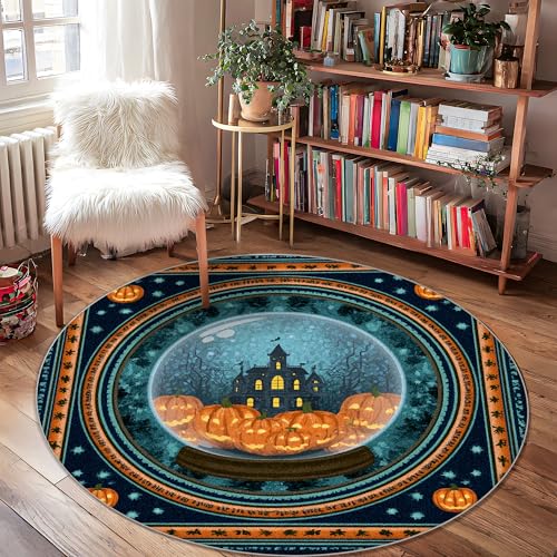 Kürbis-Teppich, Halloween-Spukhaus, Geist, Halloween, Orange, niedriger Flor, Fußmatte, runder Überwurf, schmutzabweisend, Badezimmer, Eingangsbereich, Küche, Nachttisch, Dekoration, 122 x 122 cm Kürbis-Teppich, Halloween-Spukhaus, Geist, Halloween, Orange, niedriger Flor, Fußmatte, runder Überwurf, schmutzabweisend, Badezimmer, Eingangsbereich, Küche, Nachttisch, Dekoration, 122 x 122 cm von Generic
