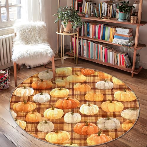 Kürbis-Teppich, rustikales Karomuster, Herbst, Orange, niedriger Flor, Einfassung, Fußmatte, Überwurf, Teppich, für Badezimmer, Tür, Eingang, Nachttisch, Dekoration, 122 x 122 cm Kürbis-Teppich, rustikales Karomuster, Herbst, Orange, niedriger Flor, Einfassung, Fußmatte, Überwurf, Teppich, für Badezimmer, Tür, Eingang, Nachttisch, Dekoration, 122 x 122 cm von Generic
