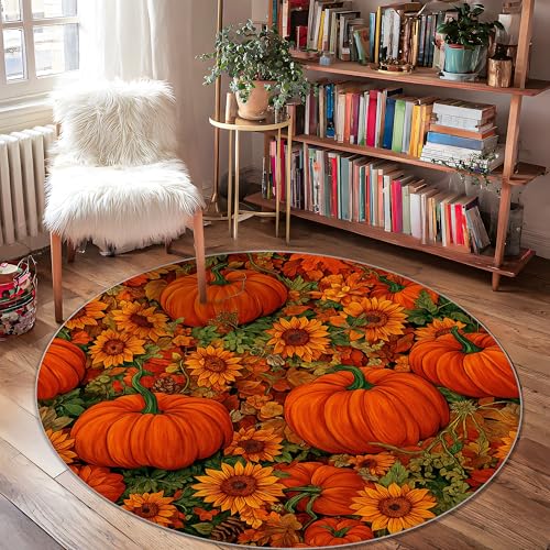 Kürbis-Teppich, saisonale Sonnenblumenblätter, Herbst-Orange, niedriger Flor, für den Innenbereich, runder Überwurf, kein Ausfallen, Badezimmer, Eingangsbereich, Nachttisch, Tür, Dekoration, 122 x 122 Kürbis-Teppich, saisonale Sonnenblumenblätter, Herbst-Orange, niedriger Flor, für den Innenbereich, runder Überwurf, kein Ausfallen, Badezimmer, Eingangsbereich, Nachttisch, Tür, Dekoration, 122 x 122 von Generic