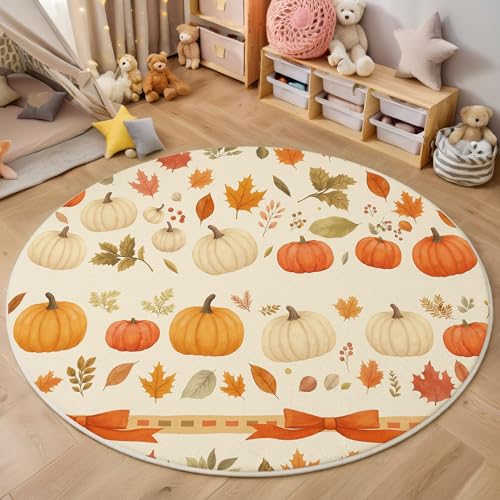 Kürbisblätter Teppich Rund 60 cm Pastoralstil rutschfest Teppiche Wohnzimmer Runder Waschbar Teppiche Kurzflor Weich Runder Teppich Creme for Wohnzimmer Studie von Generic