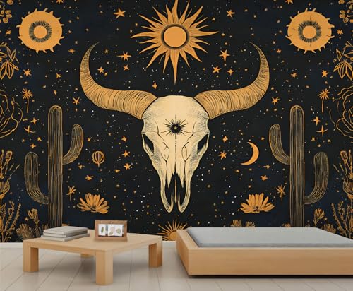 Kuhschädel Tapete Wüste Botanische Natur Kaktus Mädchenzimmer Tapete Nachthimmel Sterne Mond Sonne Himmlisches Wandbild Abstrakte Retro Tapeten für Wohnzimmer Schlafzimmer Wandbild Poster von Generic