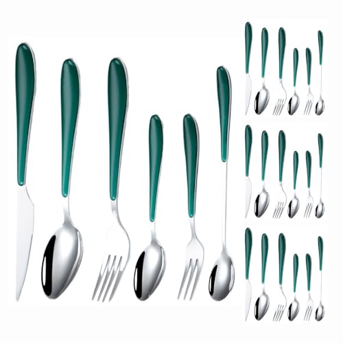 Kunststoffklammer Griff Küche Edelstahl Besteck Geschirr Besteck Set Steak Messer Gabel Löffel Teelöffel (Grün,24 Stück) von Generic