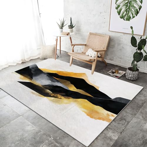 Kurzflor Teppich 120 x 180 cm, Abstrakte Einfache Bergkette Muster Terrassen Dekorative Wohnzimmer Schlafzimmer Superflach Waschbar, Anti-Rutsch Unterseite, Schwarz Gold von Generic