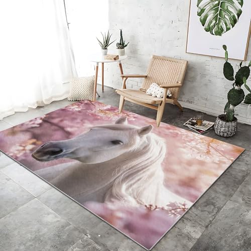 Kurzflor Teppich 60 x 120 cm, Natur Tier Pferd Kirschblüte Muster Terrassen Dekorative Wohnzimmer Schlafzimmer Superflach Waschbar, Anti-Rutsch Unterseite, Rosa von Generic