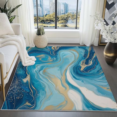 Kurzflor Teppich Tinte und Gold Flow abstrakte Kunst Wohnzimmer 60 x 110 cm Flauschiger Teppich Waschbar,Pflegeleicht, Weich - Ideal für Schlafzimmer, Esszimer und als Küchenteppich Blaues Gold von Generic