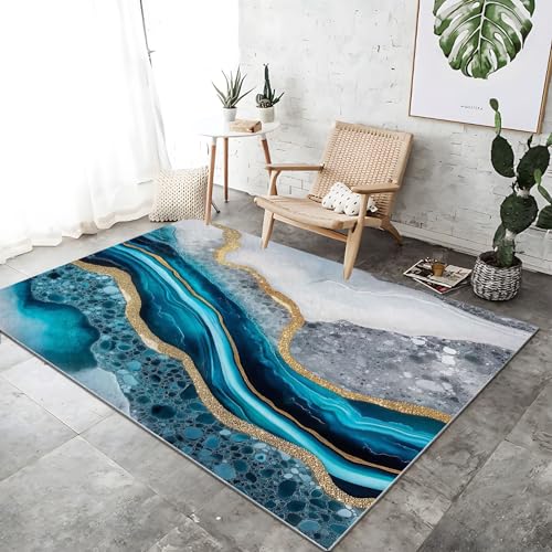 Kurzflor Teppich Wohnzimmer Blau Gold, Weicher Waschbar rutschfest Abstrakt Achat Goldene Textur Bedruckter Flanell Teppich für Wohnzimmer Schlafzimmer Esszimmer 120 x 170 cm von Generic