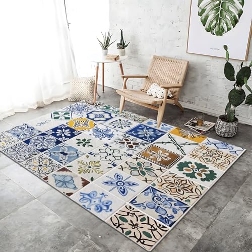 Kurzflor Teppich Wohnzimmer Blau Weiß, Weicher Waschbar rutschfest Retro Fliesen Muster Bedruckter Flanell Teppich für Wohnzimmer Schlafzimmer Esszimmer 140 x 200 cm Kurzflor Teppich Wohnzimmer Blau Weiß, Weicher Waschbar rutschfest Retro Fliesen Muster Bedruckter Flanell Teppich für Wohnzimmer Schlafzimmer Esszimmer 140 x 200 cm von Generic