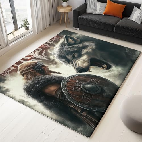 Kurzflor Teppich Wohnzimmer Schwarz braunes, Weicher Waschbar rutschfest Wikinger Schild Wolf Bedruckter Flanell Teppich für Wohnzimmer Schlafzimmer Esszimmer 140 x 200 cm Kurzflor Teppich Wohnzimmer Schwarz braunes, Weicher Waschbar rutschfest Wikinger Schild Wolf Bedruckter Flanell Teppich für Wohnzimmer Schlafzimmer Esszimmer 140 x 200 cm von Generic