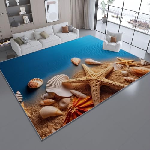 Kurzflor Teppich Wohnzimmer flauschig 140 x 200cm - rutschfeste Waschbar Natur Strand Seesterne Muschellinien Bedruckte verschleißfest Teppich für Spielzimmer Küche Büro, Blau von Generic