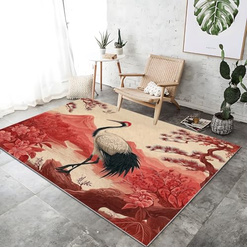 Kurzflor Teppich für Wohnzimmer 80 x 150 cm, Tradition Landschaft Vögel Bedruckter rutschfest Waschbar Bettvorleger Teppiche, für Wohnzimmer Schlafzimmer Büro Bereich Dekor Rot Weiß von Generic