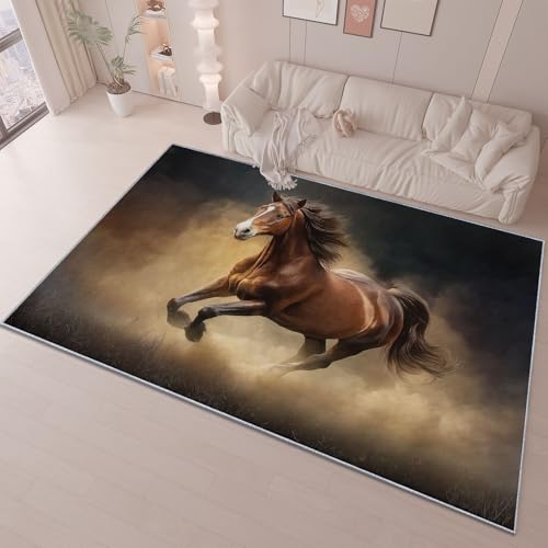 Kurzflor Teppich für Wohnzimmer Schlafzimmer, Fantasie Tiere Pferde Thema rutschfest Bedruckter Waschbarer Teppiche, Braun Gold Teppiche für Esszimmer Küche Schlafzimmer, 160 x 230 cm von Generic