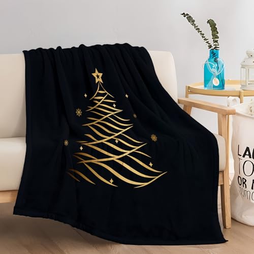 Kuscheldecke 130 x 150 cm Weihnachts Schlicht Sterne Weihnachtsbaum Sherpa Flauschig Decke Fleecedecke Wohndecken Schwarz Gold von Generic