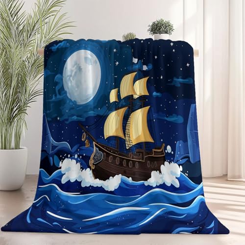 Kuscheldecke Decke mit Cartoon Nautisch Wellen Piratenschiff Muster, Dunkelblau Warme Sofadecke Fleecedecke, 220×240 cm Aus ultraweichem Flanell, perfekt zum Entspannen drinnen und draußen von Generic