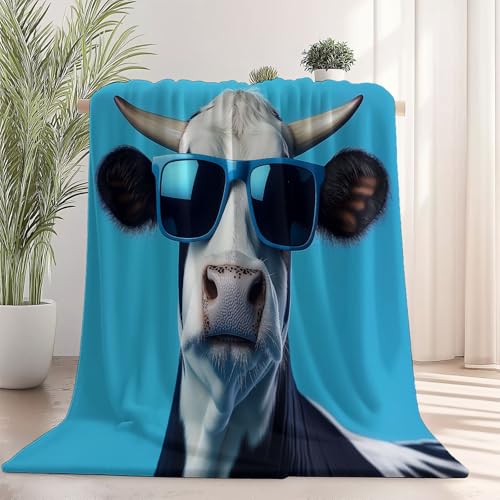 Kuscheldecke Decke mit Modern Sonnenbrille Kuh Tier Muster, Blau Warme Sofadecke Fleecedecke, Weiche Decke, 220×240 cm Aus ultraweichem Flanell, perfekt zum Entspannen drinnen und draußen von Generic