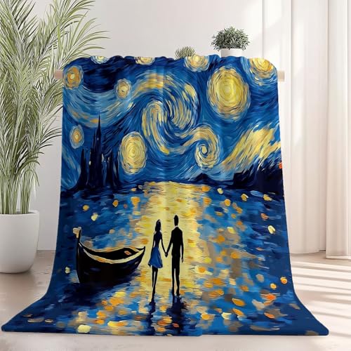 Kuscheldecke Decke mit Traumhaft Sternennacht Ölgemälde Paar Muster, Blau Warme Sofadecke Fleecedecke, Weiche Decke, 220×240 cm Aus ultraweichem Flanell, perfekt zum Entspannen drinnen und draußen von Generic