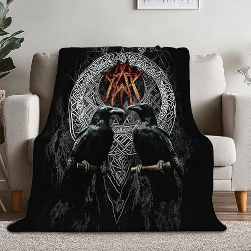 Kuscheldecke Erwachsene 3D Schwarz Flanelldecke Sherpa Fleecedecke Erwachsene 180 x 220 cm Weiche Microfaser Warmer Wohndecke Nordisch Wikinger-Krähenrune Motiv leichte und warme Wohndecke von Generic