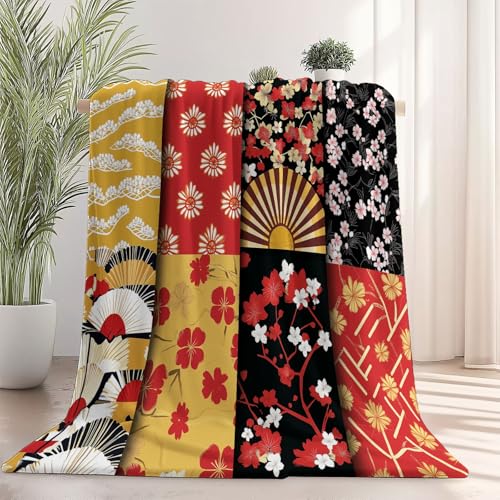 Kuscheldecke Flanell Decke Kurkuma Fleecedecke Flauschig Weich und Warme, Japanischer Stil Fächer Kirschblüten Patchwork Bedruckte Decke Sofadecke Couchdecke Für Teens Erwachsene 130×150 cm von Generic