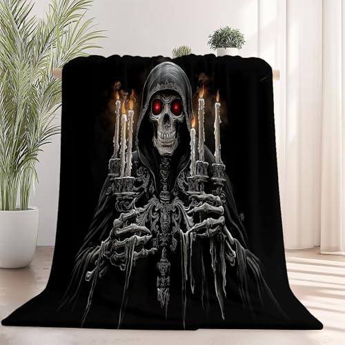 Kuscheldecke Flanell Decke Schwarz Fleecedecke Flauschig Weich und Warme, Gothic Kerzenständer Totenkopf Retro Bedruckte Decke Sofadecke Couchdecke Für Teens Erwachsene 130×150 cm von Generic