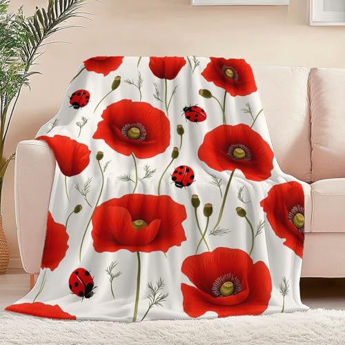 Kuscheldecke Flauschig Decke 100 x 130 cm Wohndecke Couchdecke Mikrofaser Sofaüberwurf Tagesdecke weiche warme Sofadecke mit Einfache Blumen Insekten Motiv Weiß Rot von Generic