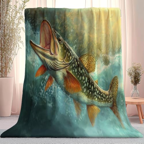 Kuscheldecke Flauschig Decke 150 x 200 cm Wohndecke Couchdecke Mikrofaser Sofaüberwurf Tagesdecke weiche warme Sofadecke mit Cartoon-Hecht Motiv Grün von Generic