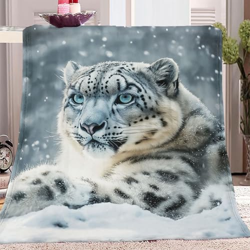 Kuscheldecke Flauschig Decke 150 x 200 cm Wohndecke Couchdecke Mikrofaser Sofaüberwurf Tagesdecke weiche warme Sofadecke mit Schneeleopard Motiv Weiß von Generic