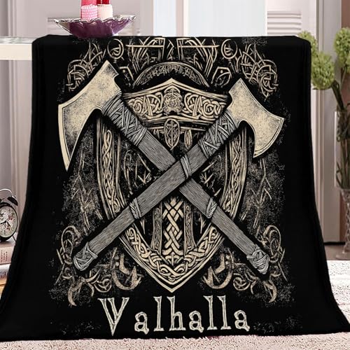 Kuscheldecke Flauschig Decke 180 x 220 cm Wohndecke Couchdecke Mikrofaser Sofaüberwurf Tagesdecke weiche warme Sofadecke mit Vintage Wikinger Axt Motiv Schwarz Braun von Generic
