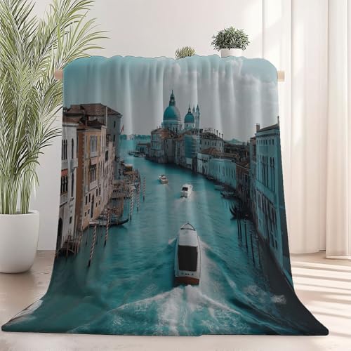 Kuscheldecke Flauschig Decke 180×200 cm für 4 Jahreszeiten - Landschaft Kanal Architektur Boot Schnittmuster, Weich/Warm/Leicht Sofadecke, Couchdecke für Bett/Couch, Blau Flanell Fleecedecke von Generic