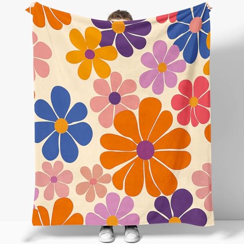 Kuscheldecke Flauschige Wolldecke mit Karikatur Traditionelle Blumen Muster, Warme Sherpa Decke Wohndecke Sofadecke 180 x 200 cm Warme Super Weiche Kuscheldecke Orange Sahne von Generic