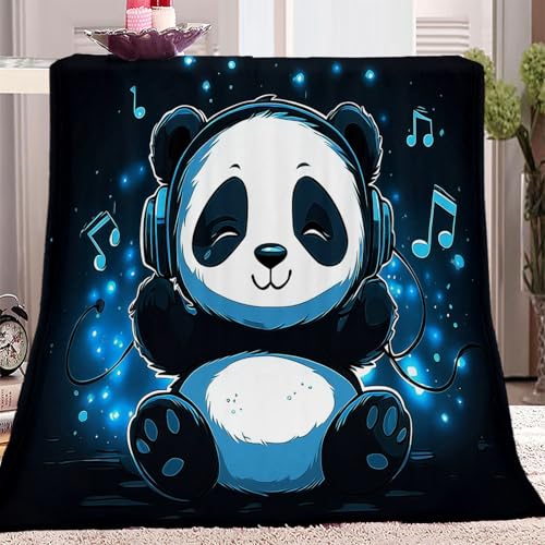 Kuscheldecke Flauschige Wolldecke mit Süßer Musik-Panda Muster, Warme Sherpa Decke Wohndecke Sofadecke 220 x 240 cm Warme Super Weiche Kuscheldecke Schwarz Blau von Generic