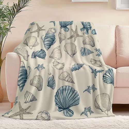 Kuscheldecke Fleecedecke Flanell Decke, Minimal Handbemalte Muscheln Seesterne Muster Wohndecken Couchdecke Flauschig Überwurf Tagesdecke Sofadecke Für Schlafzimmer 150 x 200 cm, Creme von Generic