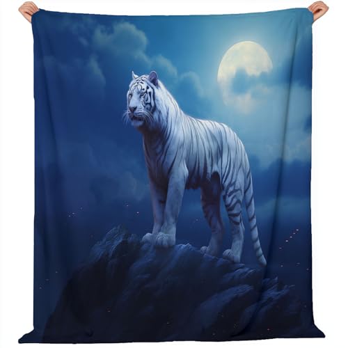 Kuscheldecke Tiere Weißer Tiger Mondnacht Personalisierte Decke 150 x 200 cm Superweiche Decke aus Flanell Geschenke für Frauen Männer Kühle Farben Weiß von Generic
