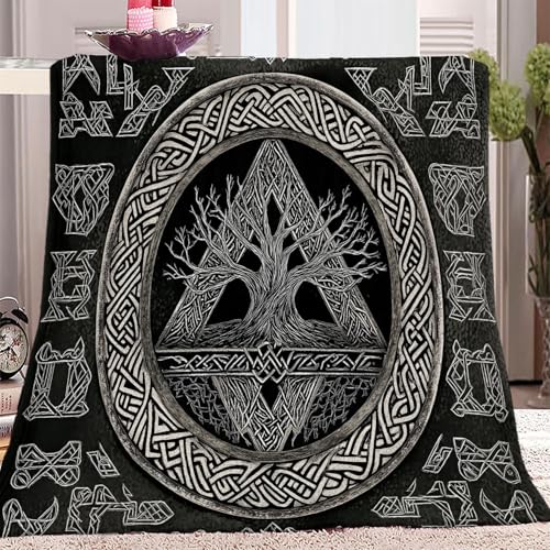 Kuscheldecken Weiche Grau Decke mit Wikinger-Lebensbaum-Rune Muster weicher leicht Flanell Decke 200 x 220 cm Thema Couchdecke für Erwachsene und Kinder von Generic