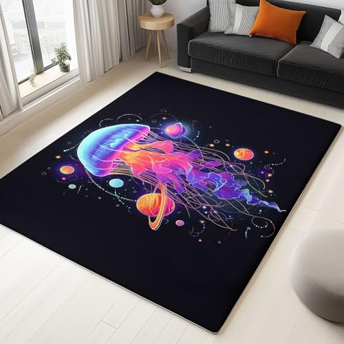 Kuscheliger Kurzflor-Teppich 120 x 170 cm, Robuster Wurfteppich mit Abstrakt Cartoon Qualle gedrucktem Muster, Anti-Rutsch-Unterseite und ideal als Indoor-Akzent, Schwarz von Generic