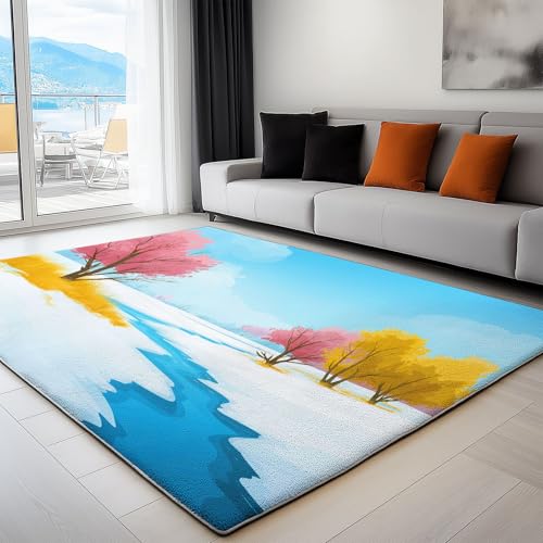 Kuscheliger Kurzflor-Teppich 140 x 200 cm, Robuster Wurfteppich mit Natur Winter Feld gedrucktem Muster, Anti-Rutsch-Unterseite und ideal als Indoor-Akzent, Blau Kuscheliger Kurzflor-Teppich 140 x 200 cm, Robuster Wurfteppich mit Natur Winter Feld gedrucktem Muster, Anti-Rutsch-Unterseite und ideal als Indoor-Akzent, Blau von Generic