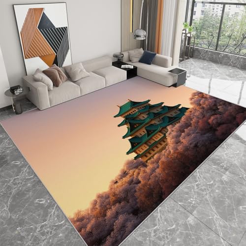 Kuscheliger Kurzflor-Teppich 180 x 240 cm, Robuster Wurfteppich mit Natur Japanischer Stil Blumen aufgedrucktem Muster - Anti Rutsch Unterseite und ideal als Indoor Akzent (Hellrosa) von Generic