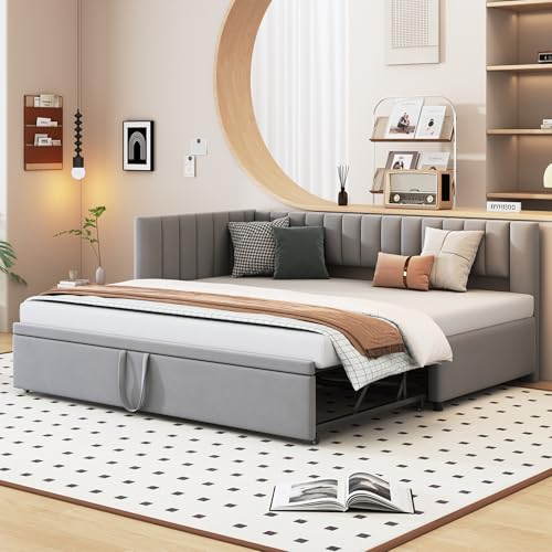 L-förmiges Schlafsofa mit Ausziehbett, gepolstert mit Rückenlehne und Kopfteil, platzsparendes Funktionsbett mit Schiebemechanismus, ideal für Gästezimmer oder kompakte Wohnbereiche L-förmiges Schlafsofa mit Ausziehbett, gepolstert mit Rückenlehne und Kopfteil, platzsparendes Funktionsbett mit Schiebemechanismus, ideal für Gästezimmer oder kompakte Wohnbereiche von Generic