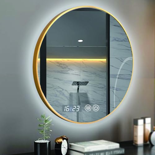 LED Rund Schminkspiegel Badspiegel mit Dimmbar Touch Schalter Beleuchtung Wandspiegel mit Anti-Beschlag Uhr Temperatur DREI Farbtemperaturen Groß Badezimmerspiegel(Gold,80cm x 80cm) von Generic