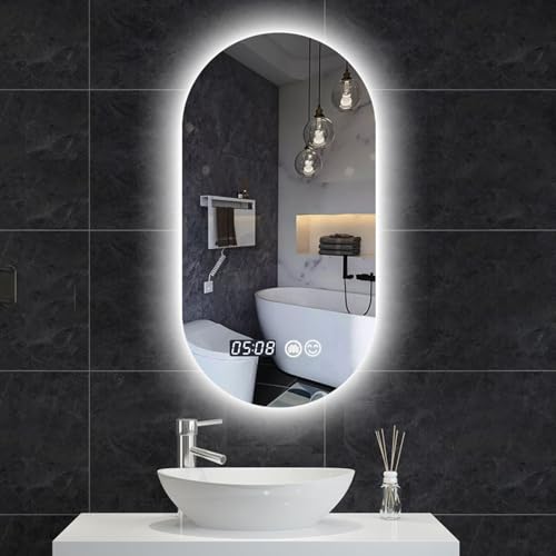 LED Schlafzimmer Kosmetikspiegel DREI einstellbare Lichtfarbe Badspiegel Anti-Beschlag Wandbehang Spiegel mit Beleuchtung Touch Schalter Uhr Badezimmerspiegel(50cm x 80cm) von Generic