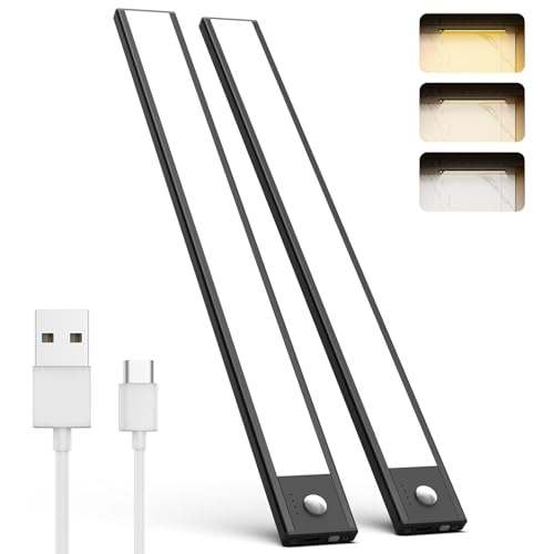 NOVTEKE Unterbauleuchte Küche LED, Dimmbar Schrankbeleuchtung mit Bewegungsmelder 3 Farbmodi Dimmbar, 2500mAh Aufladbar Led Lichtleiste für Küche, Theke, RV, Treppe, Badezimmer (68LED-BK, 2PCS) von NOVTEKE