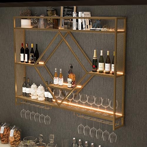 LED-beleuchtetes Weinregal Wandmontierter moderner Weinglashalter aus Metall und Spirituosenflaschenregal mit Lichtern Schwebender schwarz/Goldener Weinständer und Wandregale für Bar, Küche LED-beleuchtetes Weinregal Wandmontierter moderner Weinglashalter aus Metall und Spirituosenflaschenregal mit Lichtern Schwebender schwarz/Goldener Weinständer und Wandregale für Bar, Küche von Generic