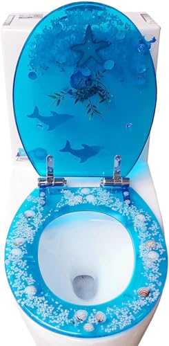 Länglicher Toilettensitz Mit Bezug Quiet Close, Slow Close Toilettendeckel Klare Muscheln Abdeckung Harzsitze Der Ocean-Serie, EIN klick Zum Schnellspannen, Einfache Installation, Blue Bream von Generic
