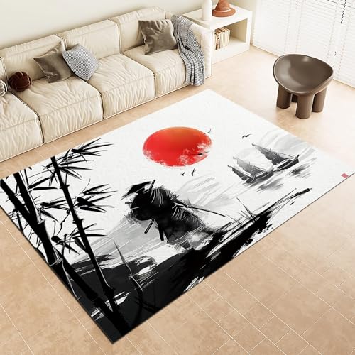 Läufer 80x150cm Schwarz Rot Teppiche, Japanischer Krieger Bambus Wald Sonne Waschbarer Rutschfester Teppich, weiche Teppich für den Innenbereich, Schlafzimmer, Wohnzimmer, Esszimmer von Generic