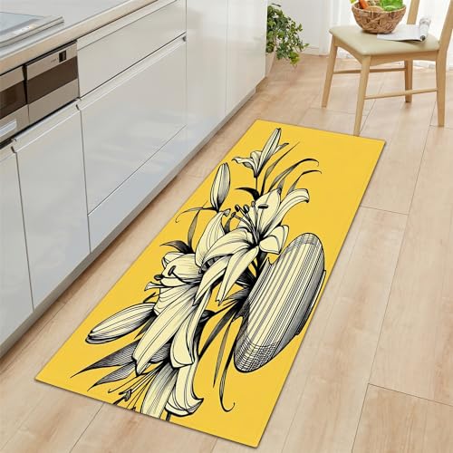 Läufer Teppich Lang Flur rutschfest Waschbar Teppich Gelb, 40x120cm Küchen Teppich Microfiber Dauerhaft, Schlafzimmer Kunstblumenlilie Carpet, für Esszimmer Flur von Generic
